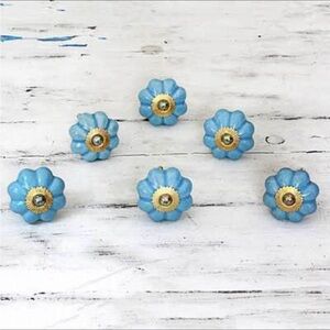 Ceramic Cabinet Knobs Floral Sky Blue (Set of 6), "Floral Beauties in Sky Blue"
